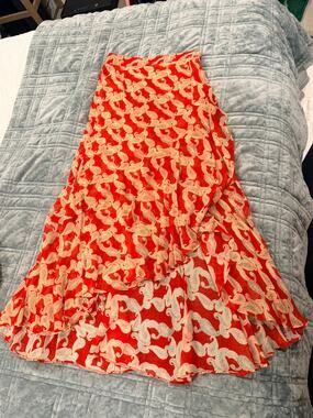 The Kooples Red and Gold Print Midi Skirt - Size FR1/ US 4
